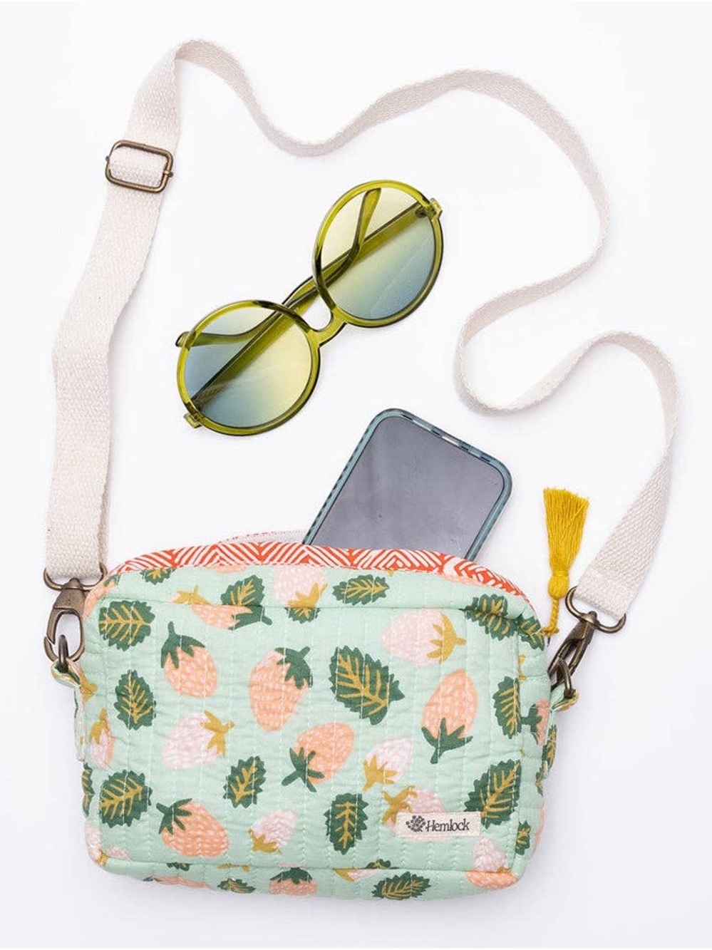 Hemlock Quilted Crossbody Bag in Mint with Peach Print